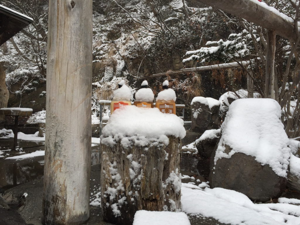 雪降る中の八丁湯の露天風呂